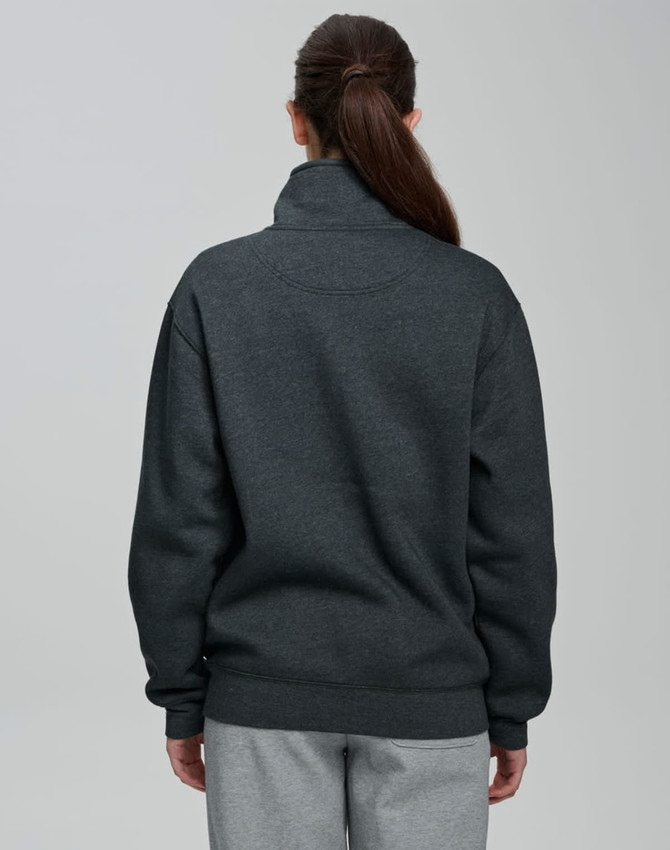 A dark grey 1/2 zip collar polar fleece jumper with a relaxed fit and a plain back. Features a branding logo.