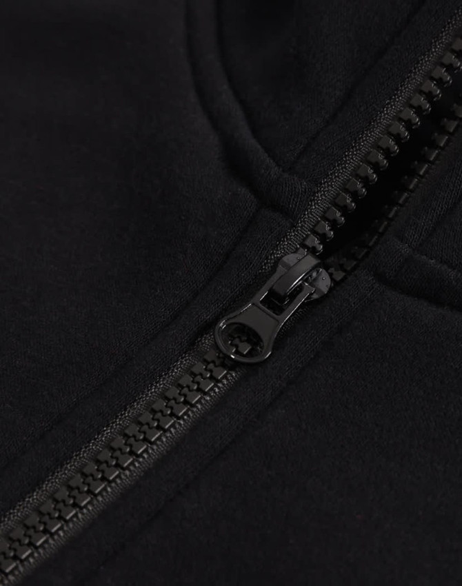 A close-up of a black half-zip collar fleecy jumper featuring a smooth zipper and soft fabric texture.