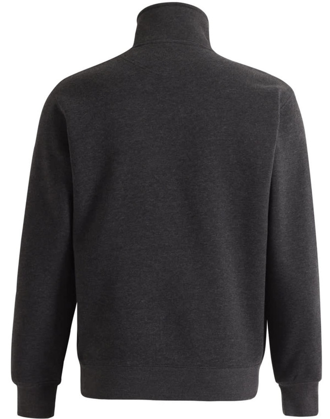 A dark grey 1/2 zip collar fleecy jumper with long sleeves and a casual fit. Features a branding logo.