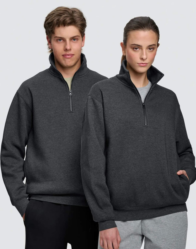 A 1/2 zip collar fleecy jumper in charcoal grey, featuring a logo and side pockets. Suitable for men and women.