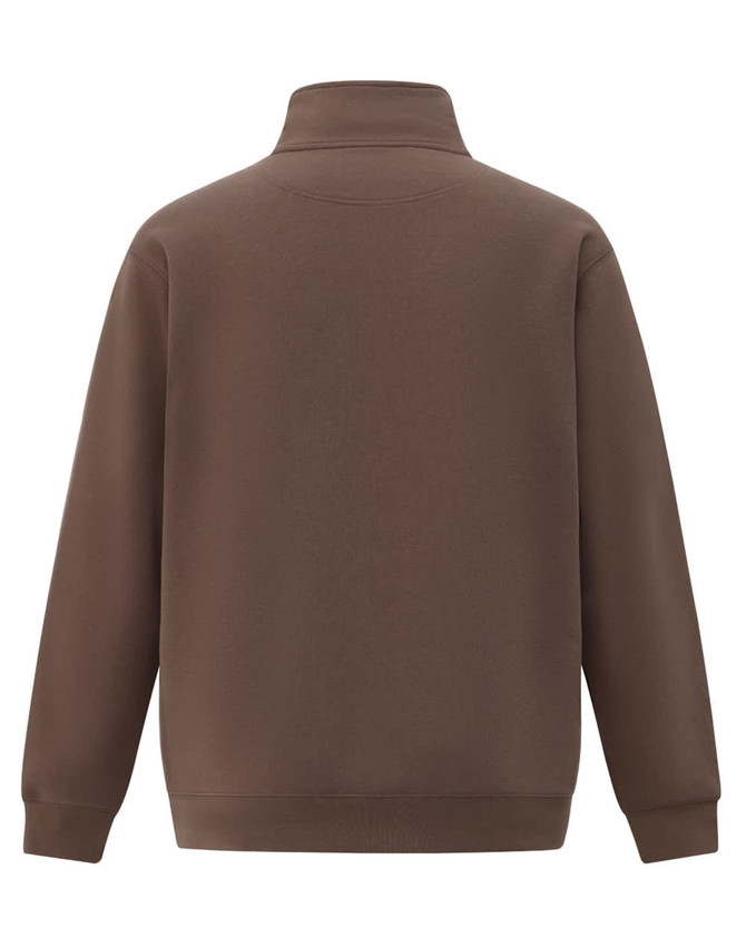 A brown 1/2 zip collar fleecy sweat in a plain design, featuring a logo on the back.