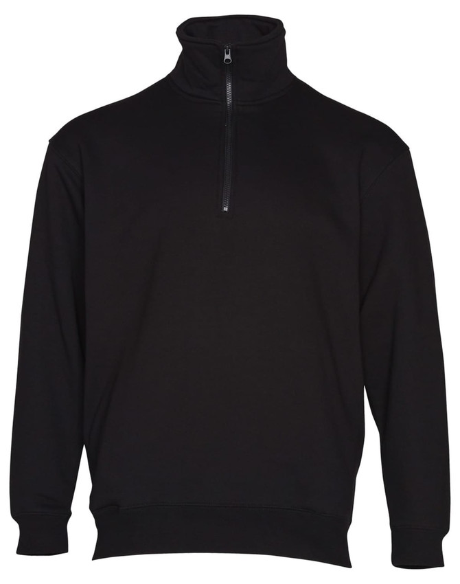A black 1/2 zip collar polar fleece jumper featuring a high neck and long sleeves, with a logo on the front.