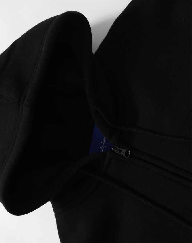 A black men's full-zip fleecy hoodie featuring a hood and a zipper, with a logo visible on the inside.