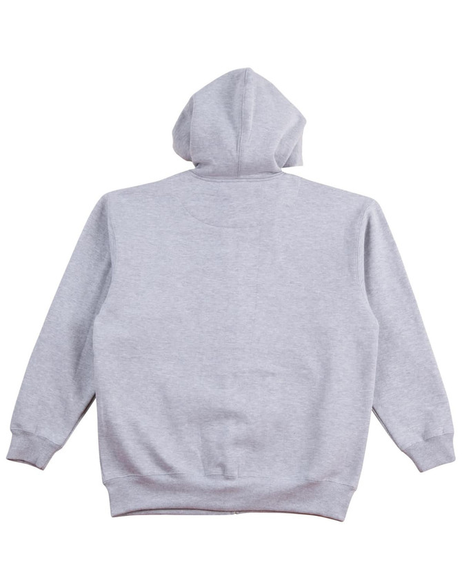 A grey men's full-zip fleecy hoodie with a hood and long sleeves, featuring a logo.