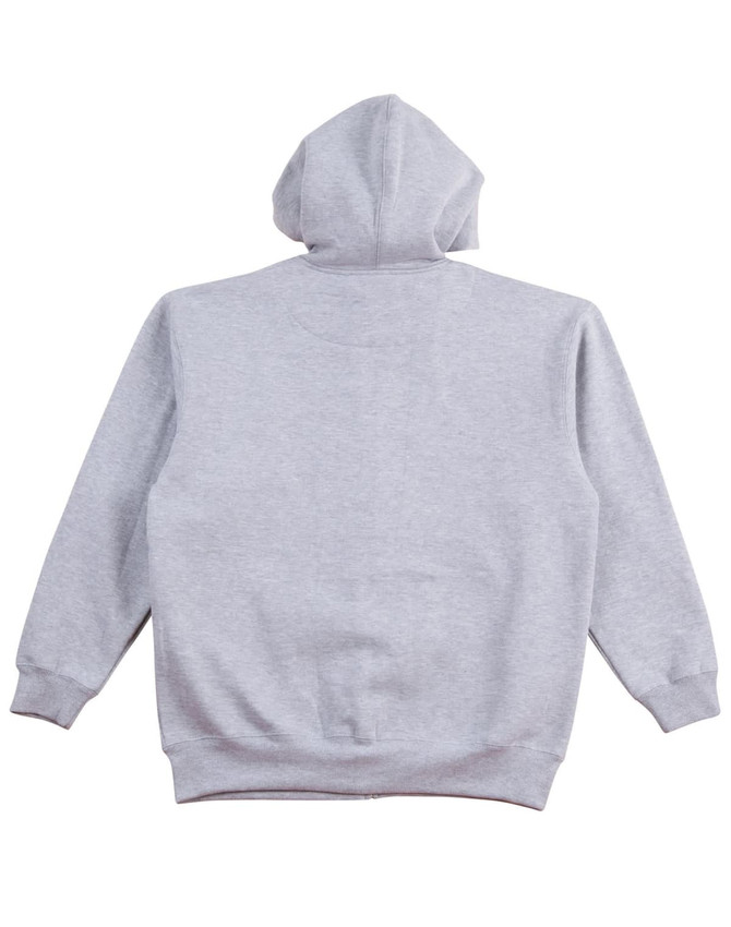 A grey kid's full-zip fleecy hoodie with a hood and long sleeves. The back view displays a simple design and logo.