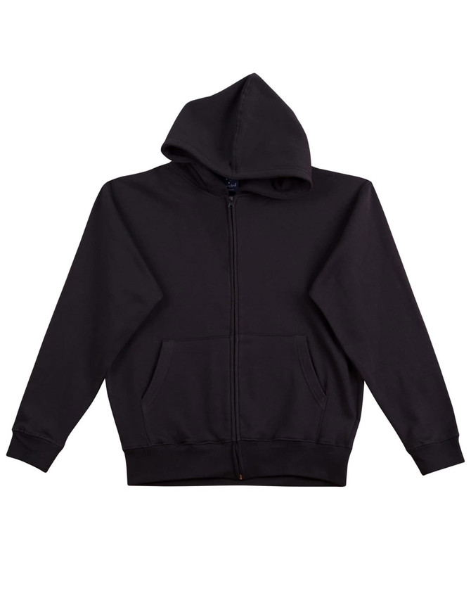 A black full-zip fleecy hoodie with a hood and front pockets. It features a logo on the fabric.