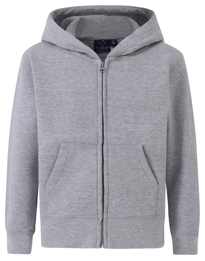 A grey full-zip fleecy hoodie with a hood and front pockets, featuring a logo on the chest.