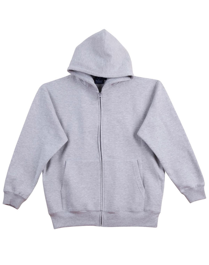 A grey full-zip fleecy hoodie with a hood and front pockets, featuring a logo on the chest.