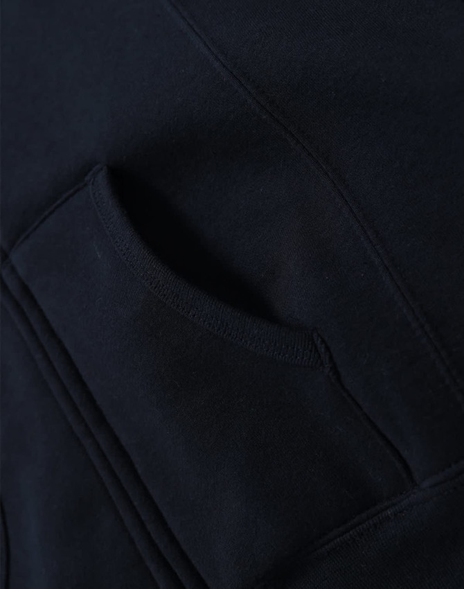 A navy full-zip fleecy hoodie with a front pocket, featuring a soft fabric texture.