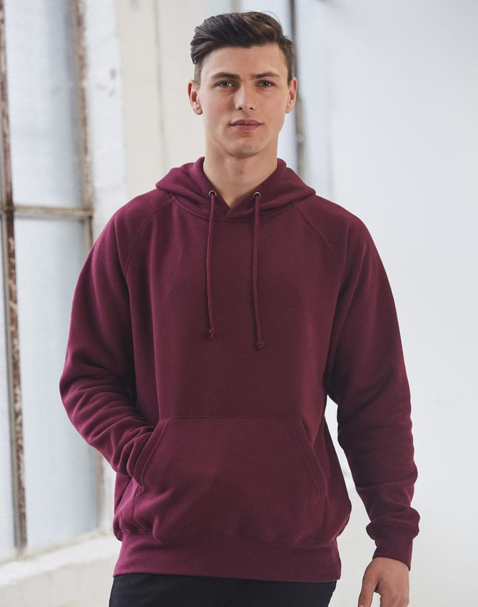 A maroon men's fleecy hoodie with a front pocket and an adjustable drawstring hood, featuring a logo.