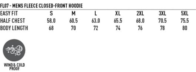 A chart displaying size measurements for a men's fleece hoodie, including easy fit, half chest, and body length in centimetres.