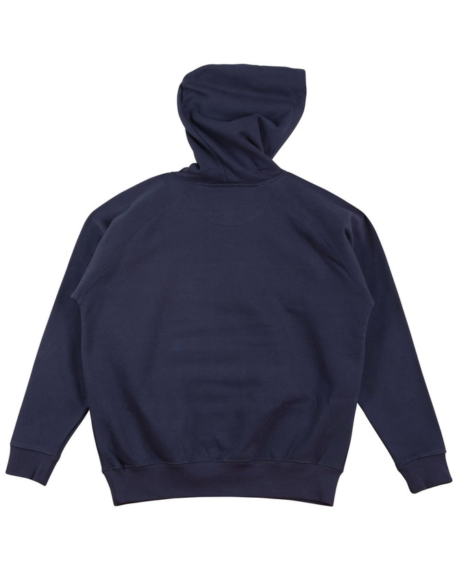 A navy blue kids' fleece hoodie with a hood and ribbed cuffs and hem. It features a branding logo.