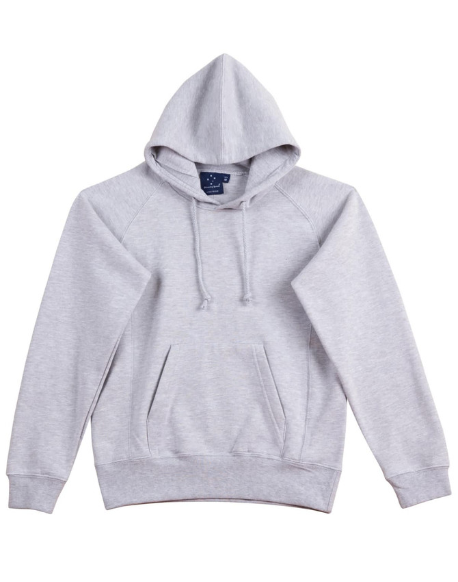 A light grey ladies' fleecy hoodie featuring a kangaroo pocket and a hood, with a logo on the tag.