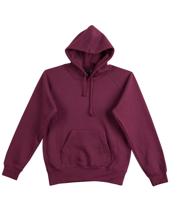 A burgundy ladies' fleecy hoodie with a front pocket and a hood, featuring a logo.