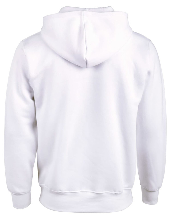 A white adult's close front fleece hoodie with a hood and long sleeves, featuring a simple design.