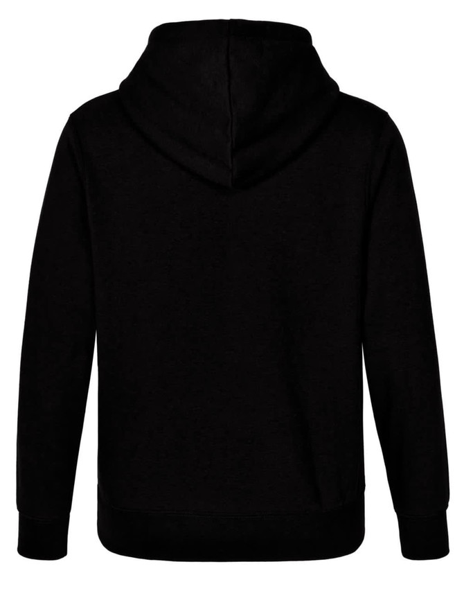 A black adult fleece hoodie featuring a close front design, complete with a hood and no visible branding.