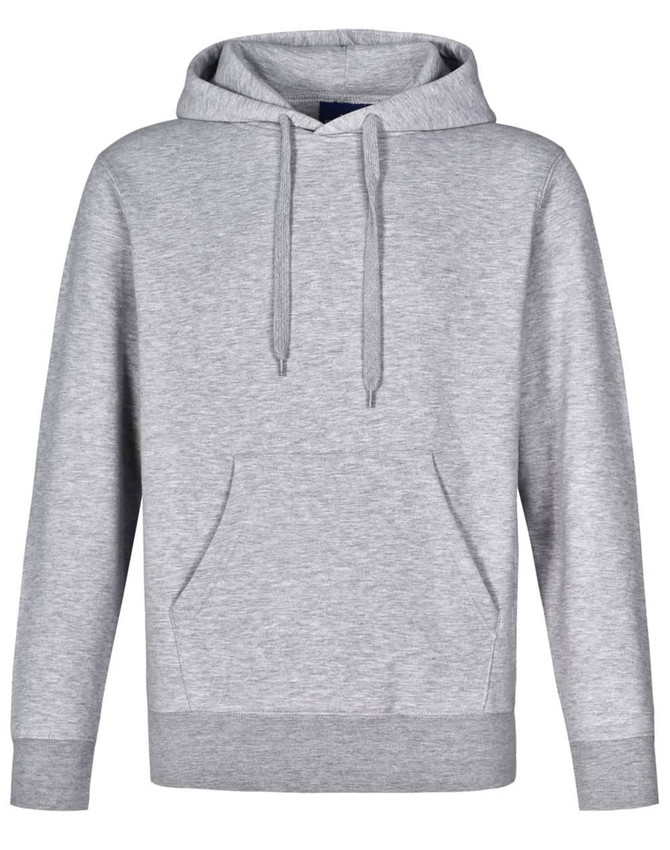 A grey adult's hoodie with a close front, contrast detailing, and a kangaroo pocket. Features a logo.