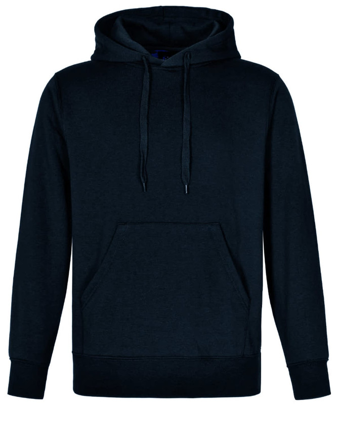 A black adult hoodie with a front pocket and adjustable drawstring hood, featuring a logo.