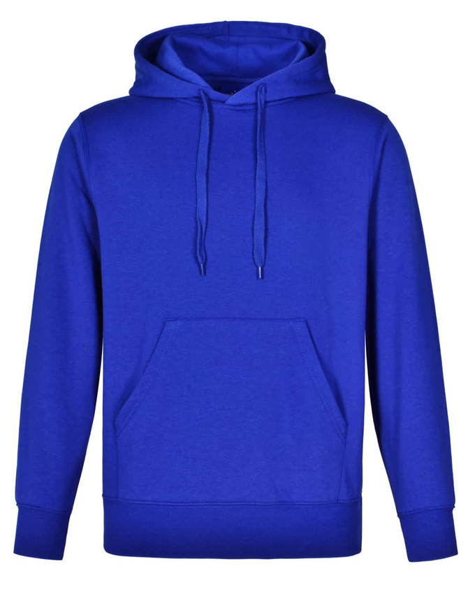 A blue adult's close front contrast fleecy hoodie with a front pocket and a hood. It features a logo.