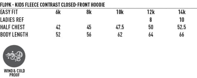 A kids' closed front contrast hoodie in various sizes, featuring a logo. Appears warm and suitable for cooler weather.