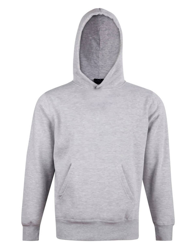 A grey fleece hoodie with a close front, featuring a hood and front pockets. It has a logo on the design.