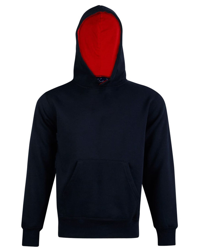 A navy blue hoodie with a red contrast lining and a front pocket, featuring a logo.
