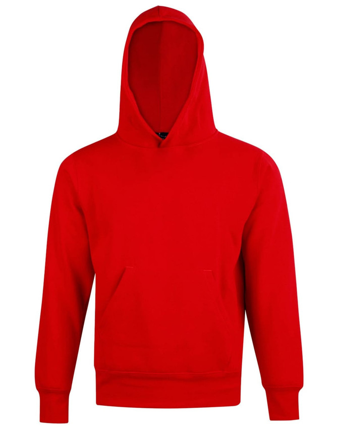 A red kids' hoodie with a front pocket and a hood, featuring a logo on the front.