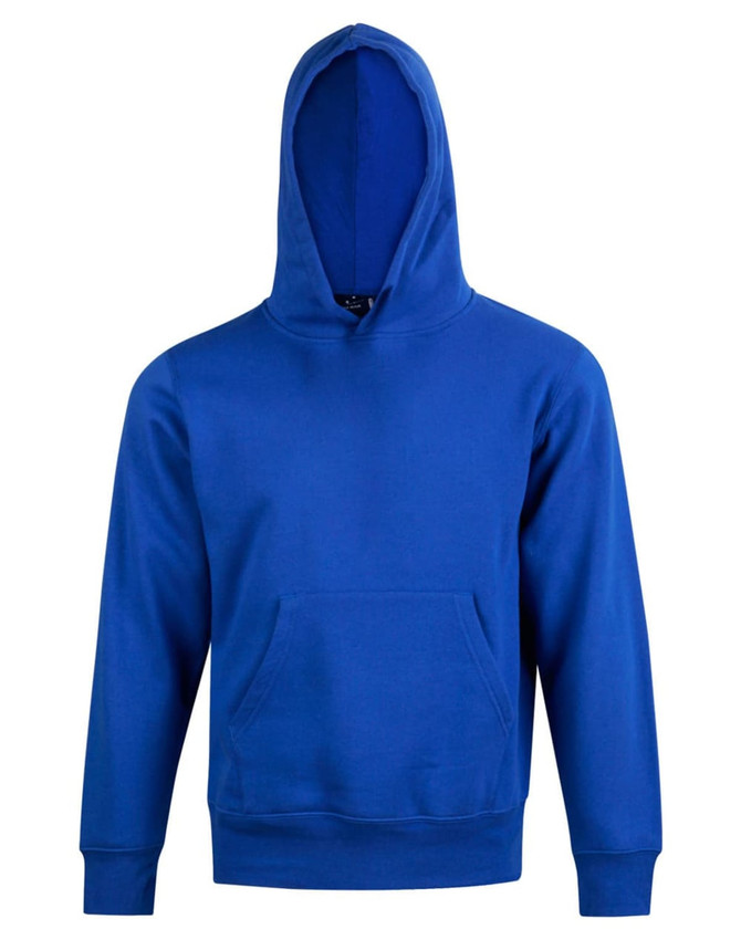 A blue kids' hoodie with a front pocket and a drawstring hood, featuring a logo on the front.