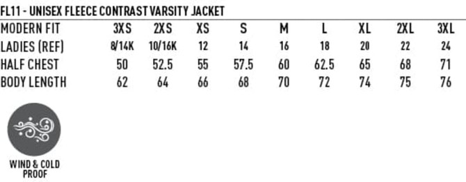 A unisex fleece varsity jacket in various sizes, featuring a contrast design, wind and cold-proof material.