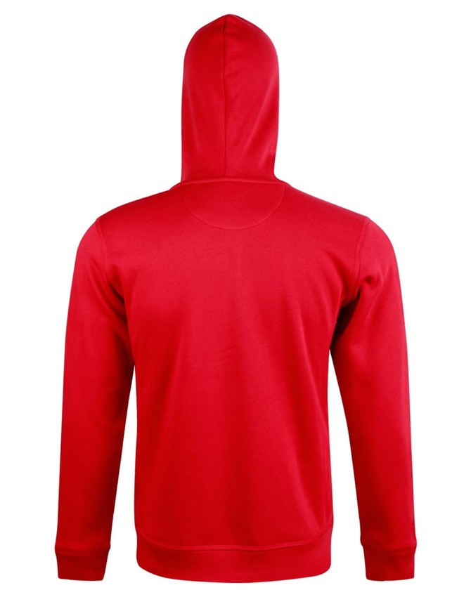 A red men's full zip contrast fleece hoodie featuring a hood and long sleeves. Includes a logo on the garment.