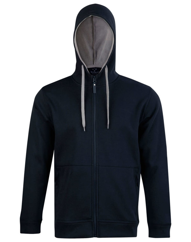 A black full zip fleece hoodie with a contrasting inner lining and a hood. Features pockets and a logo.