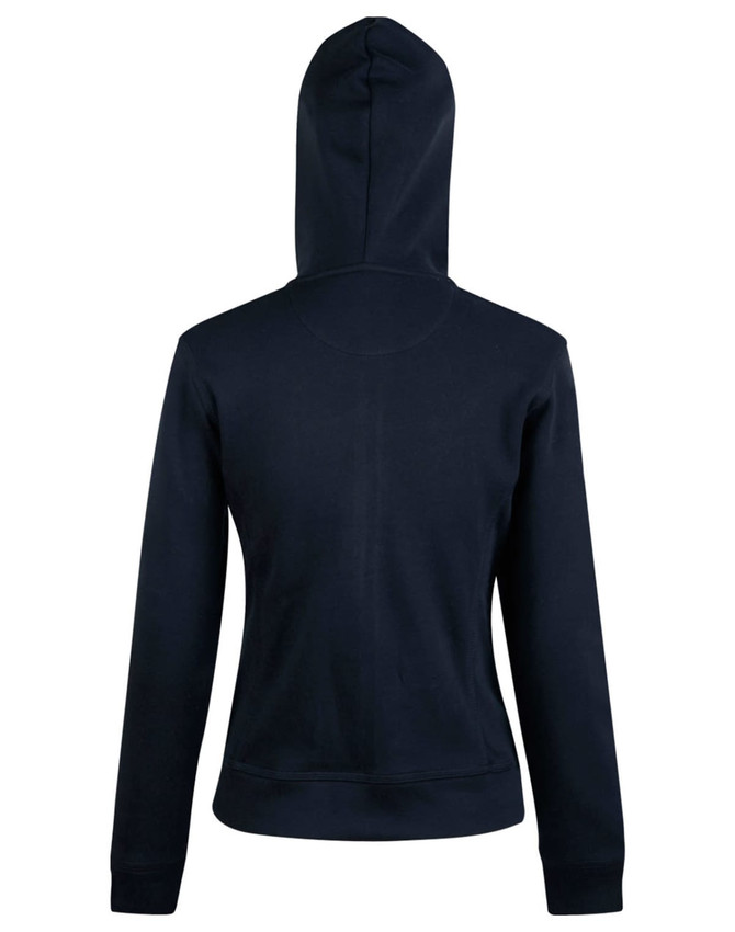 A navy ladies' full zip contrast fleece hoodie featuring a hood and long sleeves, with a logo on the back.
