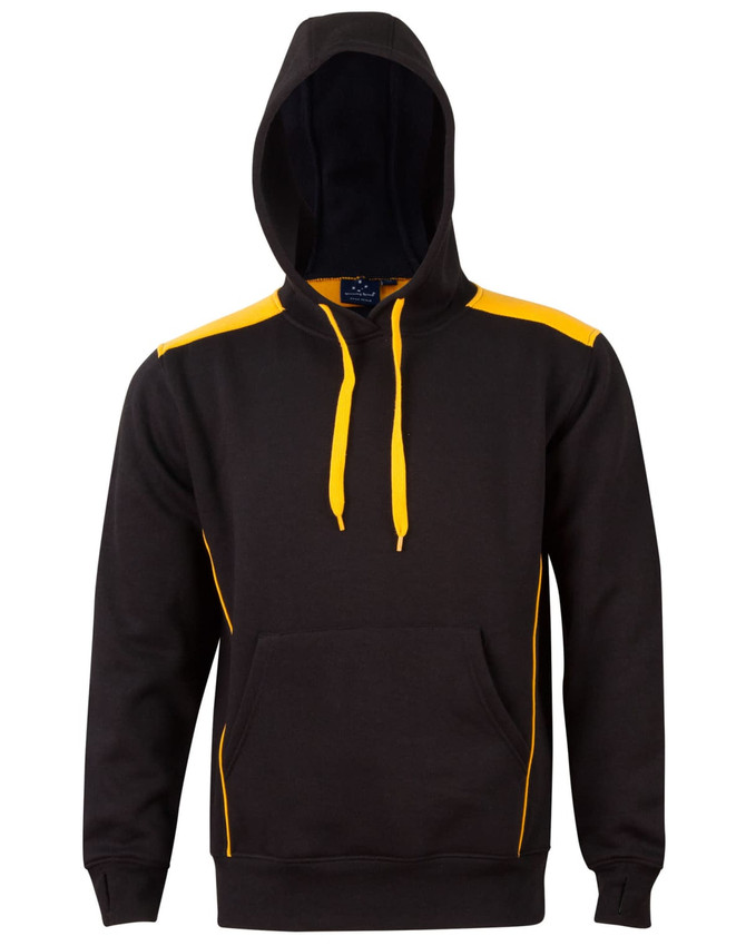 A black hoodie with yellow contrast panels and a kangaroo pocket, featuring a logo on the front.