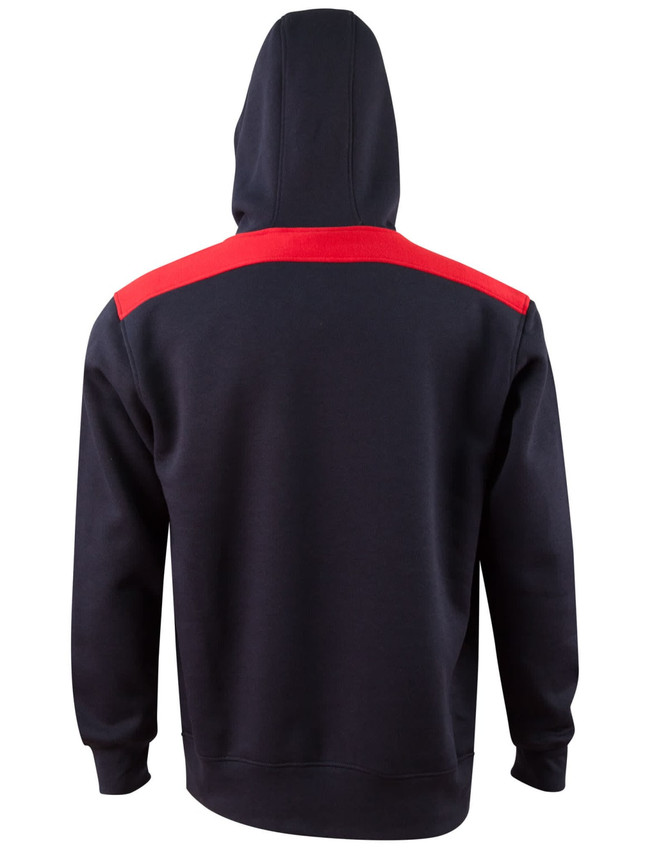 A navy hoodie with a red contrast stripe across the shoulders and a hood. Features a logo on the front.