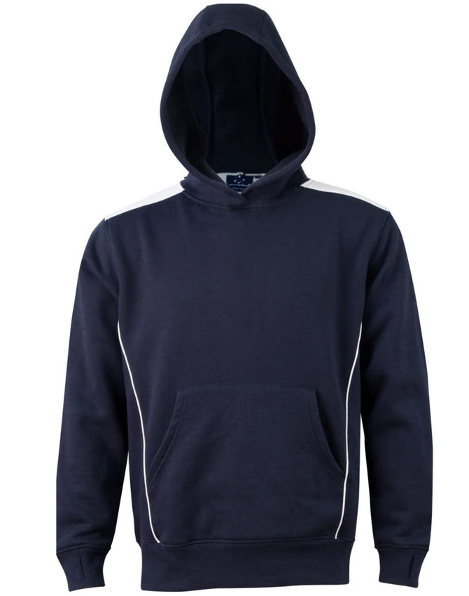 A navy hoodie featuring a kangaroo pocket and contrast detailing. It has a hood and an understated design with a logo.