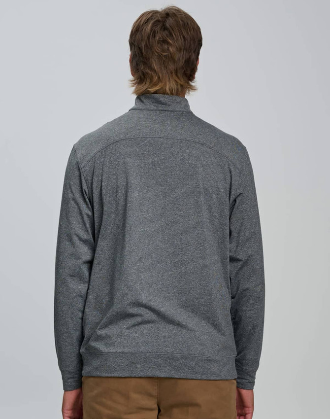 A grey men's half zip long sleeve sweat top, featuring a simple design and a back view.