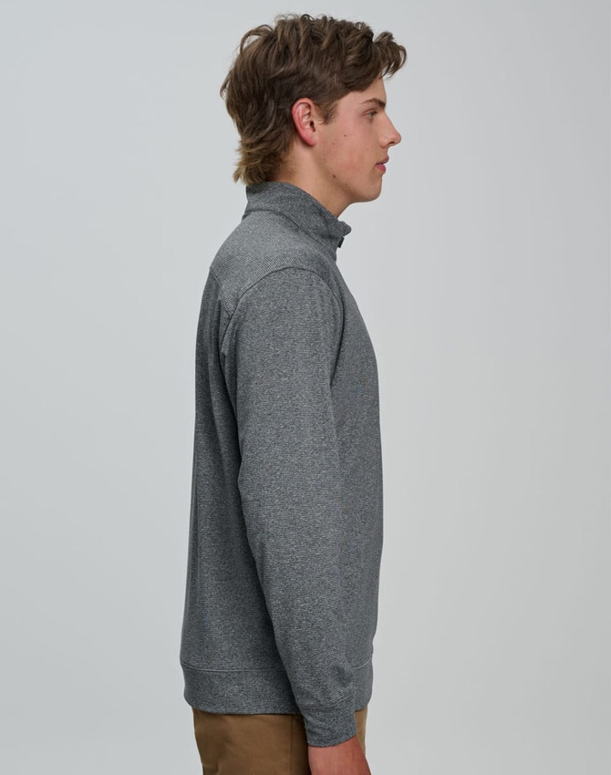 A men's half zip long sleeve sweat top in grey, featuring long sleeves and a high collar, with a logo.