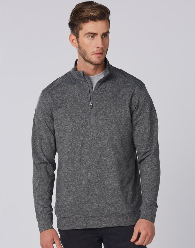 A men's half zip long sleeve sweatshirt in dark grey, featuring a subtle blend texture and a logo.