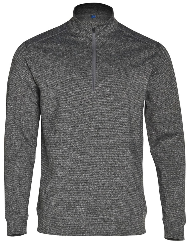 A grey, men's half zip long sleeve sweat top with a branded logo and a textured finish.
