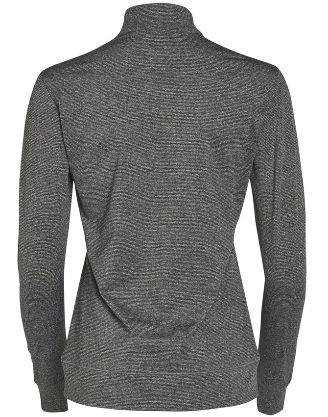 A dark grey half zip long sleeve sweat top for ladies, featuring a fitted design and a standing collar.