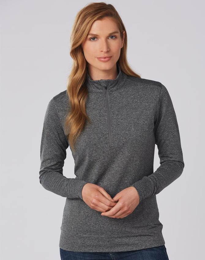 A grey ladies' half zip long sleeve sweat top displayed on a model against a neutral background.