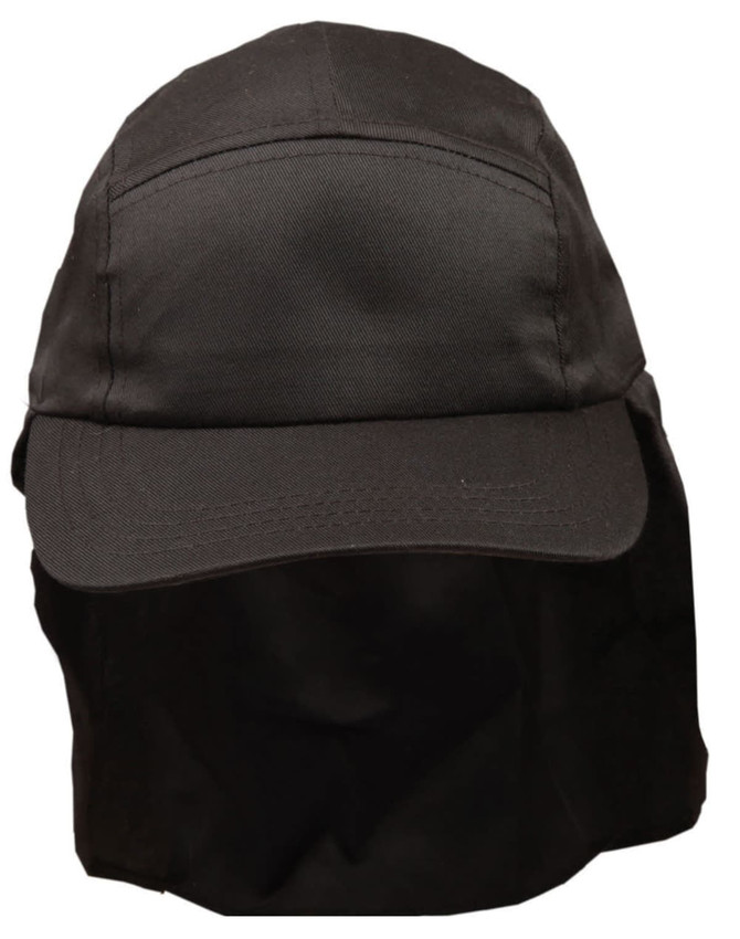 A black poly cotton legionnaire hat with a wide brim and neck flap, featuring a logo.