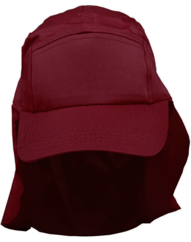 A maroon poly cotton legionnaire hat with a wide brim and neck flap, featuring a logo on the front.
