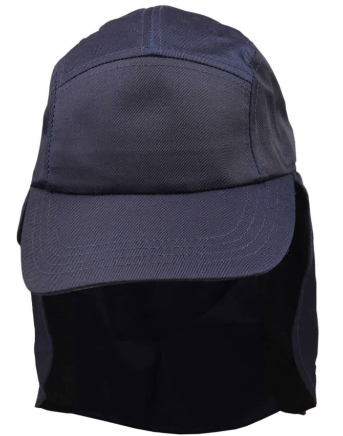 A navy poly cotton legionnaire hat with a wide brim and neck flap, featuring a logo.