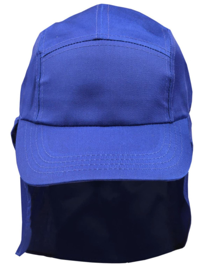 A blue poly cotton legionnaire hat with a protective flap at the back and a logo.