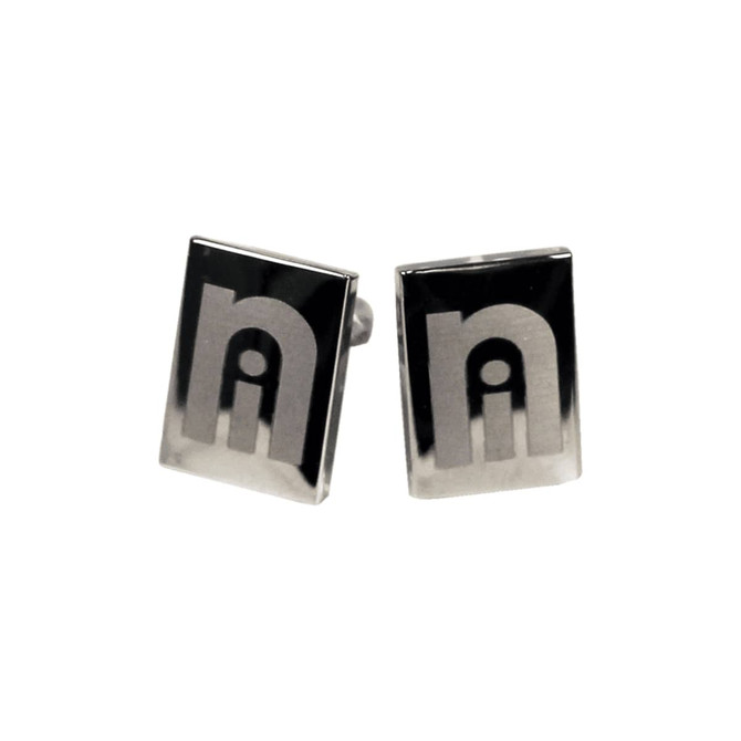 Plain cufflinks in a rectangular silver design with a subtle logo on the surface.