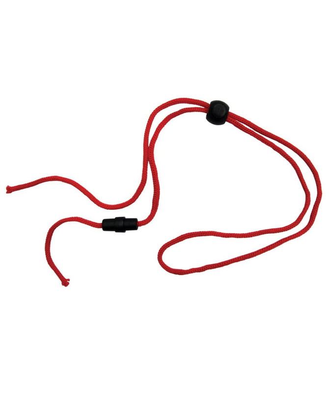 A red chin strap break-away clip with adjustable black toggles on each end. It has a simple, functional design.