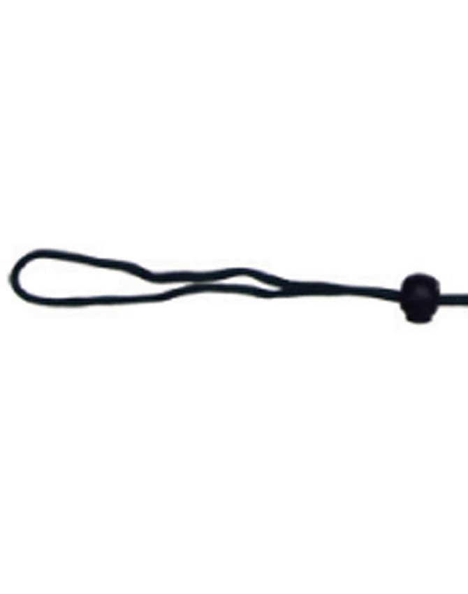 A black chin strap break-away clip with a looped end and a bead for adjustment.