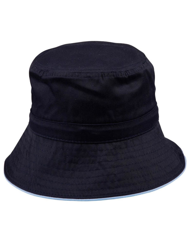 A black bucket hat with a wide brim, featuring a toggle adjustment and a decorative trim along the edge.