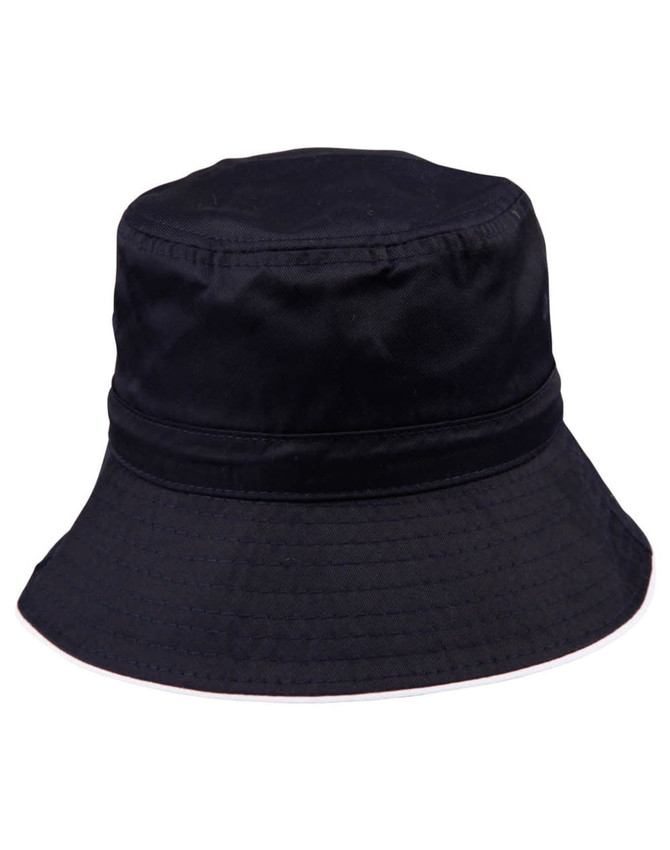 A black bucket hat with a wide brim and a toggle for adjustment, featuring a simple design.